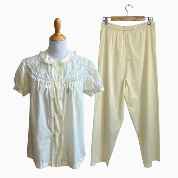 Vintage 50s Barbizon Pajama Set M Yellow Lace Peter Pan Collar Cottagecore - Picture 3 of 16